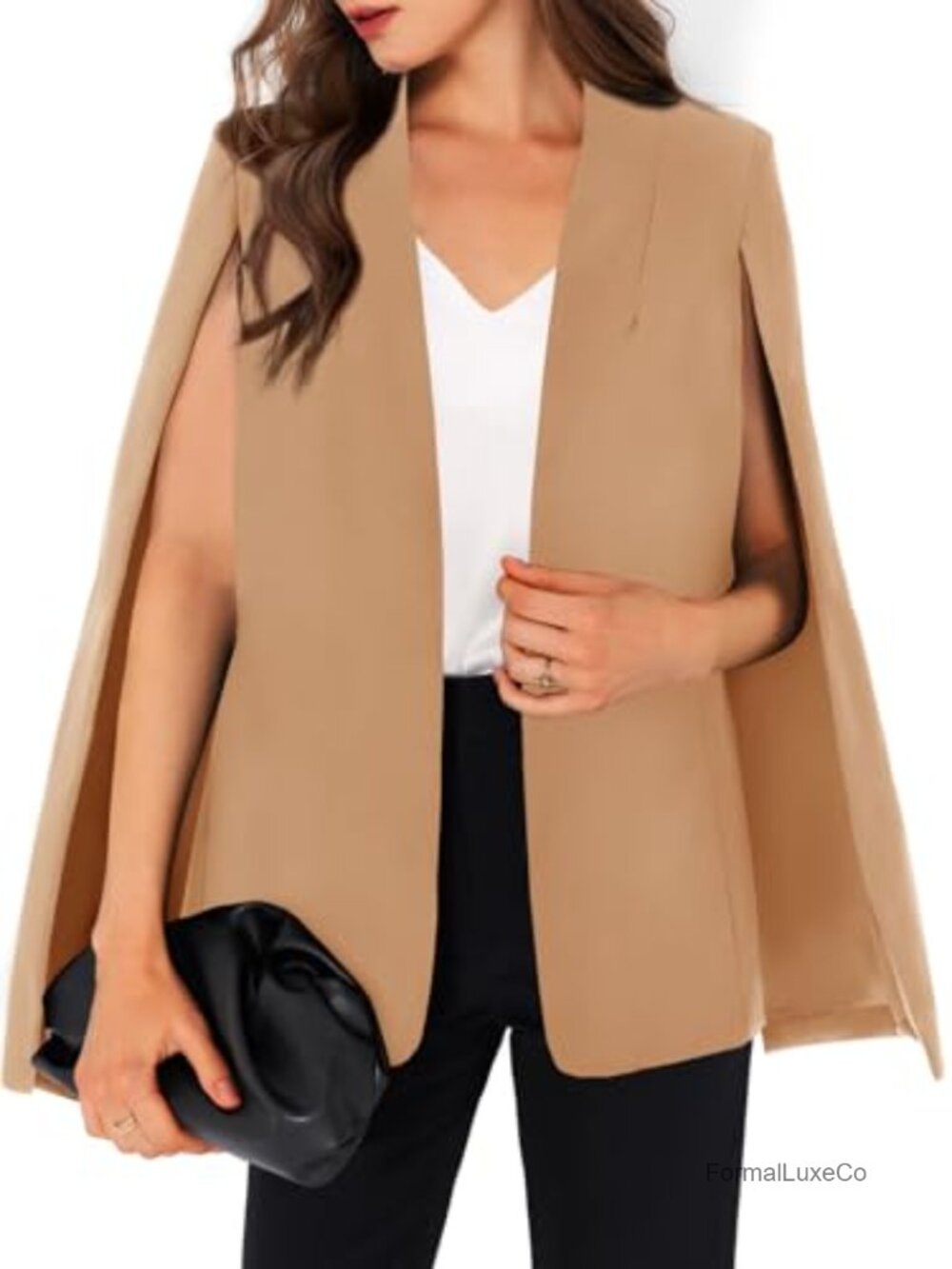 Cape Blazer Split Sleeve Open Front Slim Fit Polyester Shawl Collar Work